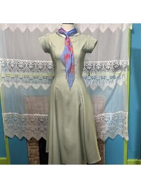 VTG Handmade 60s Mint Green Satin Ribbon Tie Back A-Line Dress size S